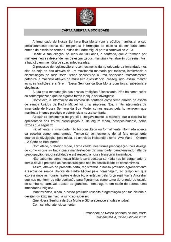 Em carta, Irmandade de Nossa Senhora Boa Morte recusa ser enredo da Unidos de Padre Miguel