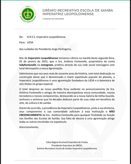 Imperatriz pede Antonia Fontenelle fora da Sapucaí e convida Janja para o desfile