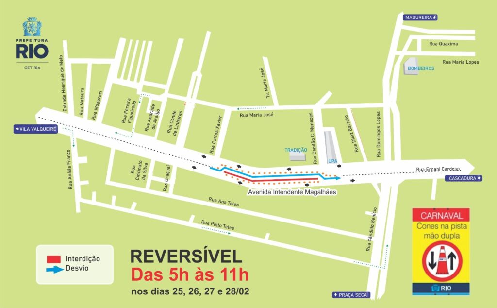 Interdições até 9 de março em Campinho, Oswaldo Cruz e Madureira para o Carnaval 2025 na Intendente 