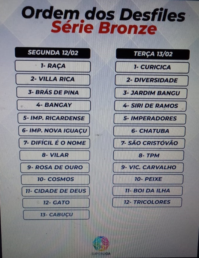 Veja a ordem de desfiles da Série Bronze