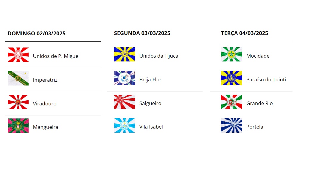 confira essa noticia: Carnaval 2025: Ordem dos desfiles das escolas de samba do RJ - Grupo especial