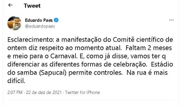 Prefeito do Rio alerta que Carnaval depende das condições da pandemia à época